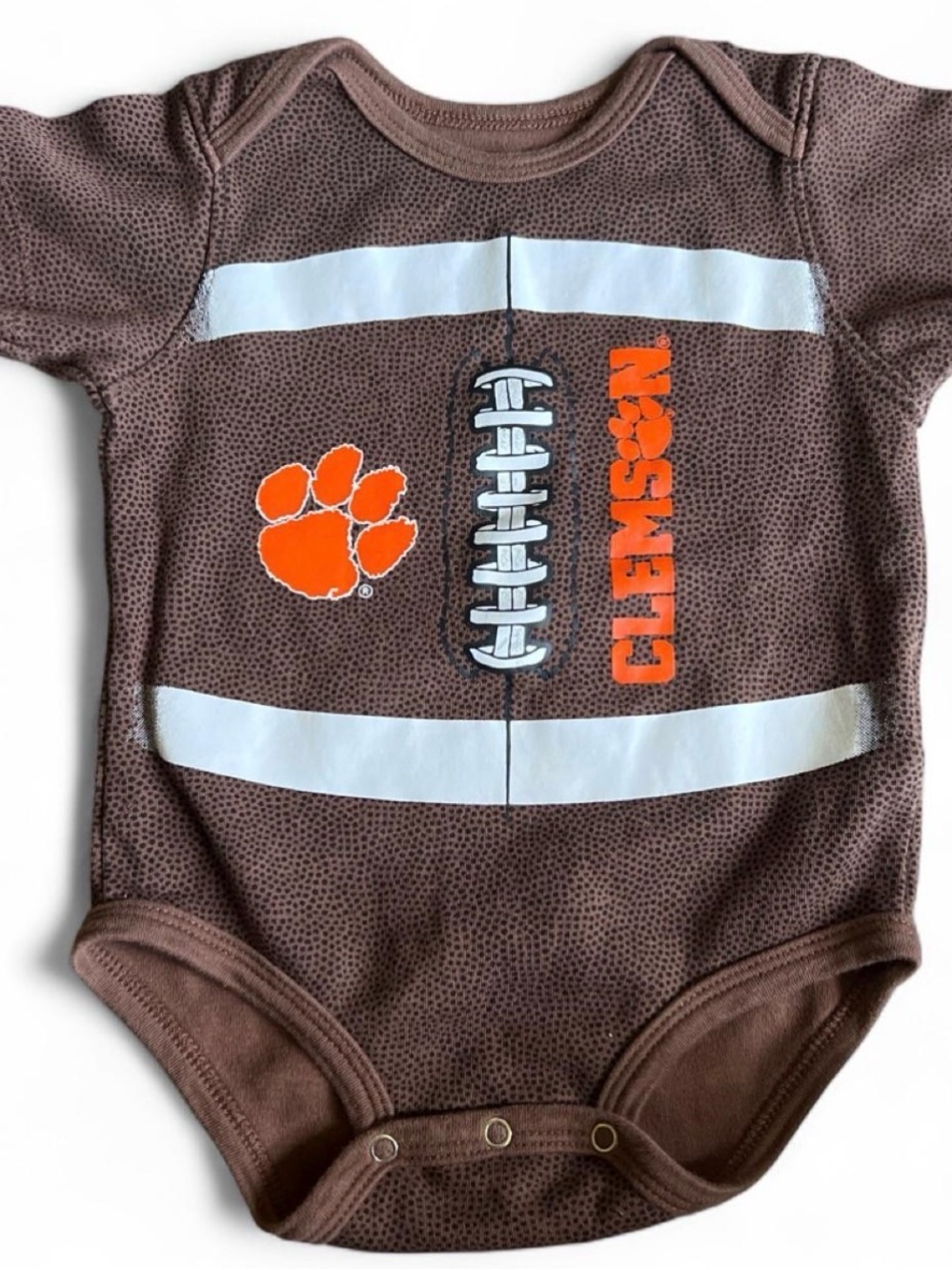 Gen2 Clemson Tigers Football-Themed Brown and Orange Baby One-Piece Bodysuit 6/9
